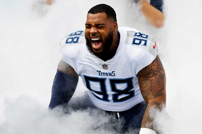 Tennessee Titans defensive tackle Jeffery Simmons (98) during player introductions before the game against the Los Angeles Chargers at Nissan Stadium.